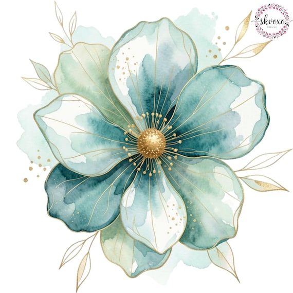 10 Teal Flowers Clipart | Abstract Flowers Print | Printable Watercolor Flower Clipart | Paper craft | Digital Download
