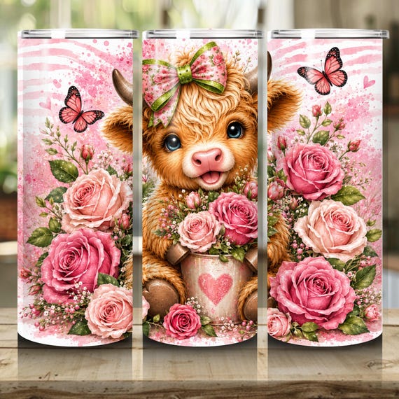 Rose Highlands Cow Tumbler 20 oz Skinny Tumbler Sublimation Design, Cute Cow Spring Time PNG Instant Download  Tumbler Wrap