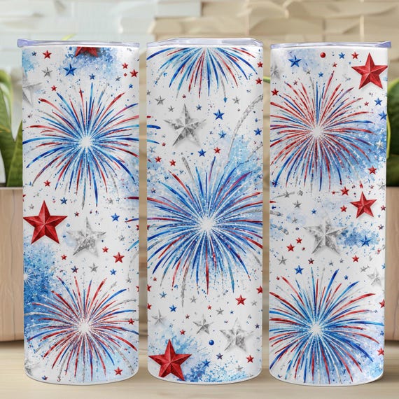 4th of July Fireworks 20oz Tumbler Wrap PNG, Patriotic Stars  Sublimation Design, Red White Blue Skinny Tumbler Download
