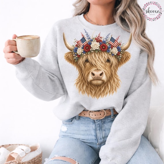 Comfort Colors® Highland Cow With Patriotic Flower Crown Sweatshirt, Cute Floral Cow Sweatshirt, Cow Lover Gift, Highland Cow Shirt