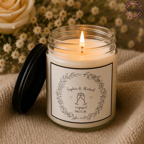Custom Engagement Soy Candle Gift | Personalized Candle Gifts | 4oz & 9oz with Black Lid
