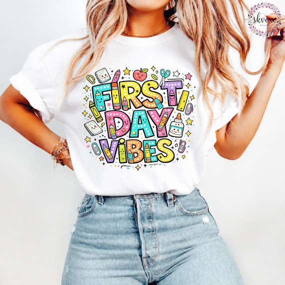 First Day Vibes Teacher T-shirt | Back to School Cute Doodle Graphic Shirt