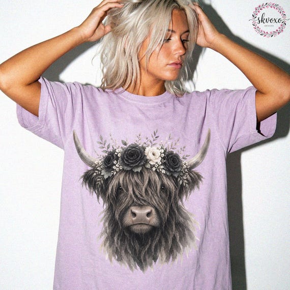 Comfort Colors® Highland Cow With Bow Flowers Tshirt, Cute Floral Cow Shirt, Cow Lover Gift, Graphic Floral Cow Tee, Highland Cow Shirt