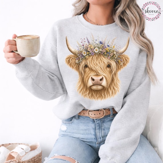 Comfort Colors® Highland Cow With Wildflower Crown Sweatshirt, Cute Floral Cow Sweatshirt, Cow Lover Gift, Highland Cow Shirt