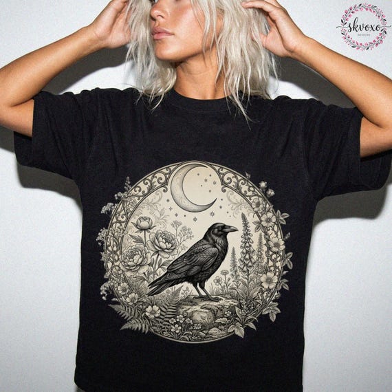 Vintage Raven Graphic Tee, Dark Cottagecore Shirt, Gothic Floral Crow T-Shirt, Apothecary Aesthetic, Witchcore Clothing