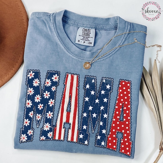 Comfort Colors® Mama USA Shirt, 4th of July Shirt, Cute Women's Patriotic Shirt, USA Bow Tee, American Flag Shirt Red White and Blue
