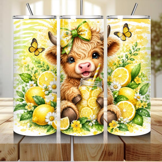 Lemons Highlands Cow Tumbler 20 oz Skinny Tumbler Sublimation Design, Cute Cow Summer Fruit PNG Instant Download Tumbler Wrap