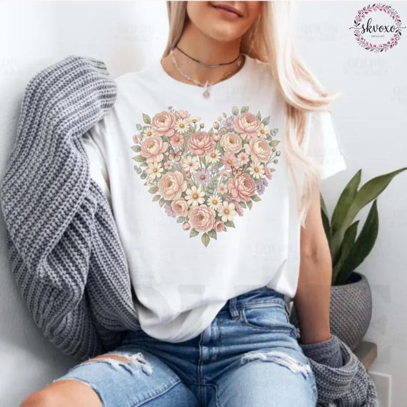 Floral Heart Tee | Vintage Peach Rose Bouquet Shirt