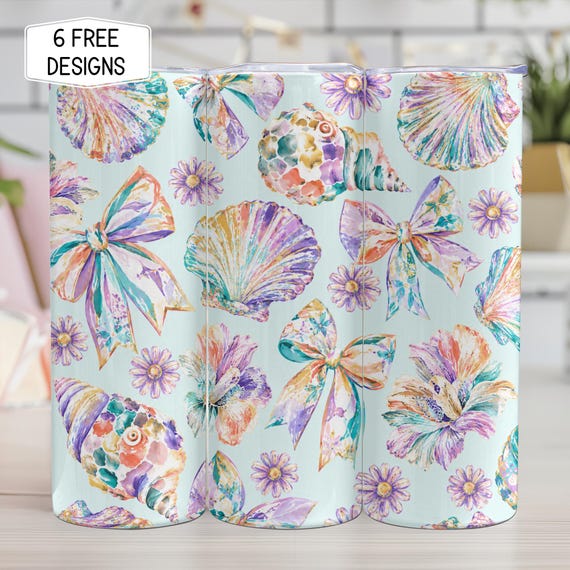 Preppy Coastal 20oz Tumbler Wrap, Coquette Seashell and Bow Summer PNG, Colorful Tropical Beach Design, Skinny Sublimation