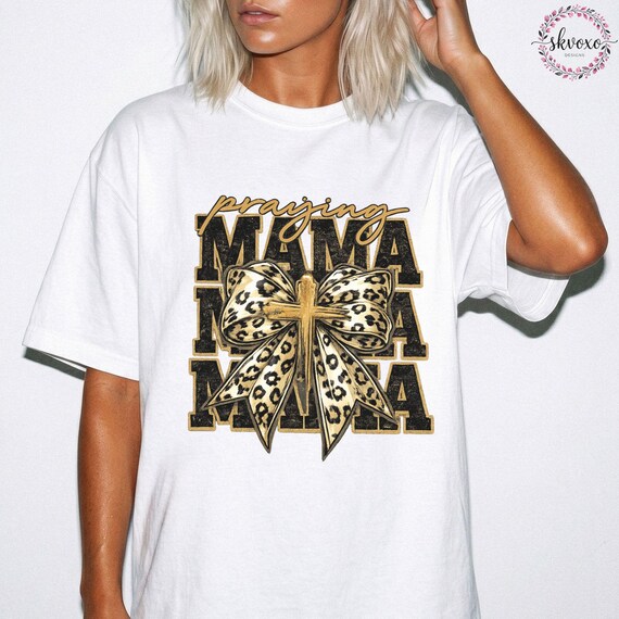 Mama Leopard Bow T-Shirt | Gold Cross Graphic, Script "Mama" Repeat