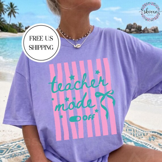 Comfort Colors® Teacher Mode Off Summer T-Shirt | Striped Pink Background | Summer Vibes Shirt | Teacher Shirt