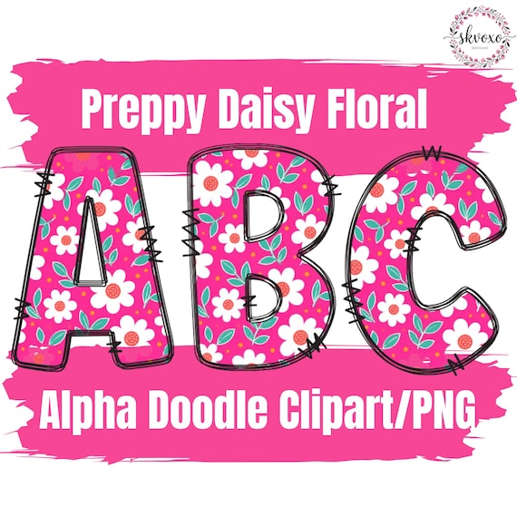 Preppy Daisy Floral Doodle Letters PNG | Hot Pink Alphabet Clipart | Retro Flower Sublimation Font Design | Digital Download