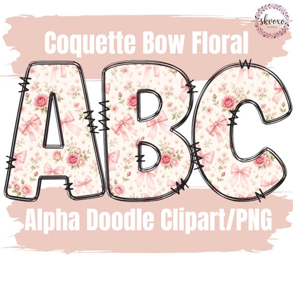 Preppy Bow & Vintage Rose Alphabet PNG | Aesthetic Coquette Monogram Letters | Doodle Style Sketch Outline | Digital Download