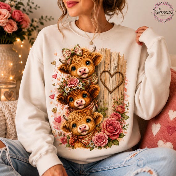 Highland Cow Sublimation Design, Peeking Cow PNG, Cute Rosey Hearts Highland Cow PNG