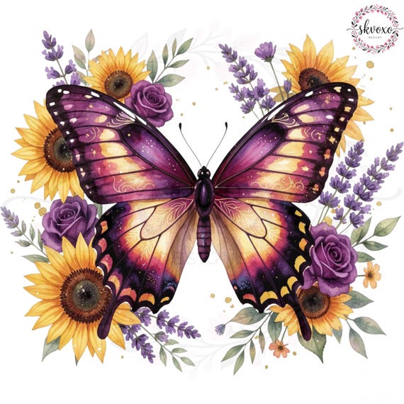 Purple Butterfly PNG, Sunflower Butterfly Sublimation Design, Floral Butterfly PNG, Watercolor Butterfly Clipart, T-Shirt Design PNG