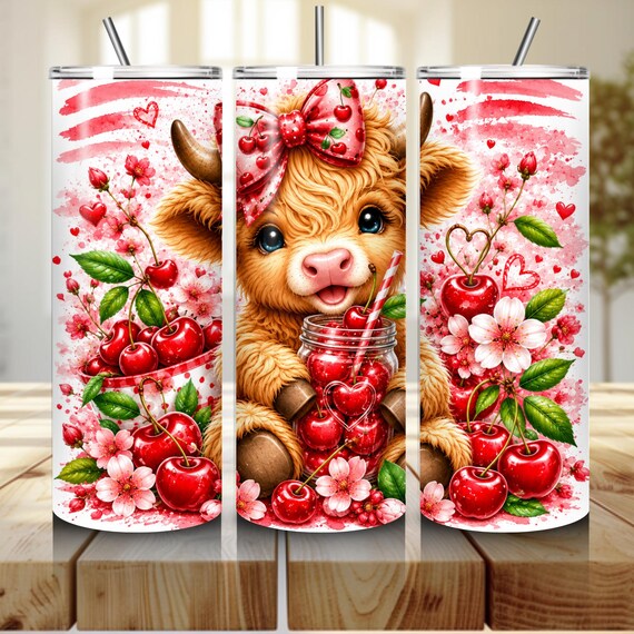 Highlands Cow Tumbler 20 oz Skinny Tumbler Sublimation Design, Cute Cow Summer Fruit PNG Instant Download Tumbler Wrap