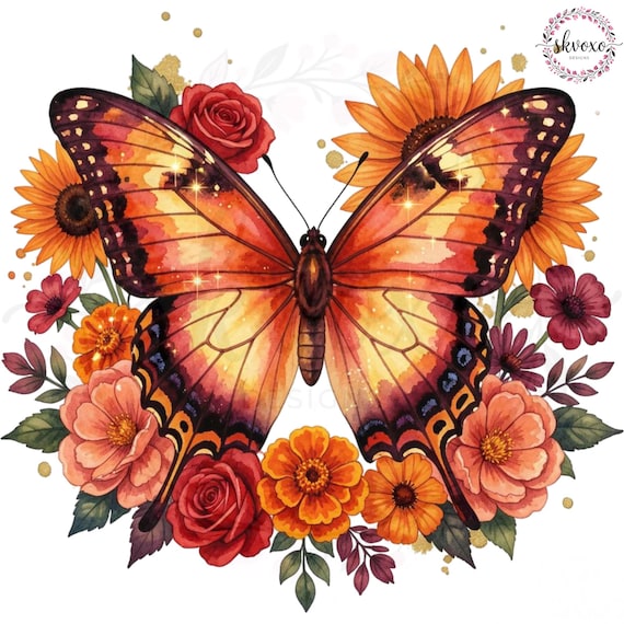 Orange Red Butterfly PNG, Floral Butterfly Sublimation Design, Red Rose Butterfly Clipart, Watercolor Butterfly PNG, Shirt Design