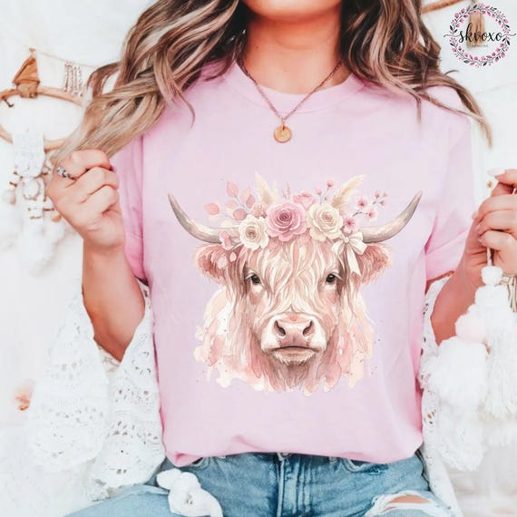 Comfort Colors® Highland Cow With Bow Flowers Tshirt, Cute Floral Cow Shirt, Cow Lover Gift, Graphic Floral Cow Tee, Highland Cow Shirt