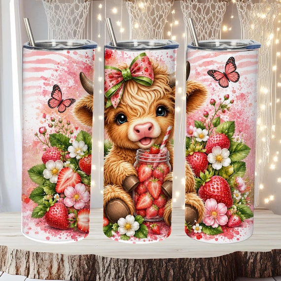 Strawberries Highlands Cow Tumbler 20 oz Skinny Tumbler Sublimation Design, Cute Cow Summer Fruit PNG Instant Download  Tumbler Wrap