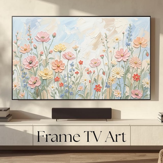 Abstract Samsung Frame TV Art, Spring Oil Painting, Textured Spring Wildflowers Painting, Digital Download TV Frame