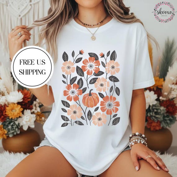 Comfort Colors® Grunge Boho Floral Design T-Shirt | Autumn Pumpkin Floral T-Shirt | Orange Fall Flowers Tee