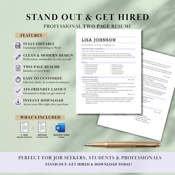 Easy ATS Friendly Resume Template for Word, ATS Resume, ATS Cv Resume Template, Minimalist Resume, Simple Resume, Basic Resume