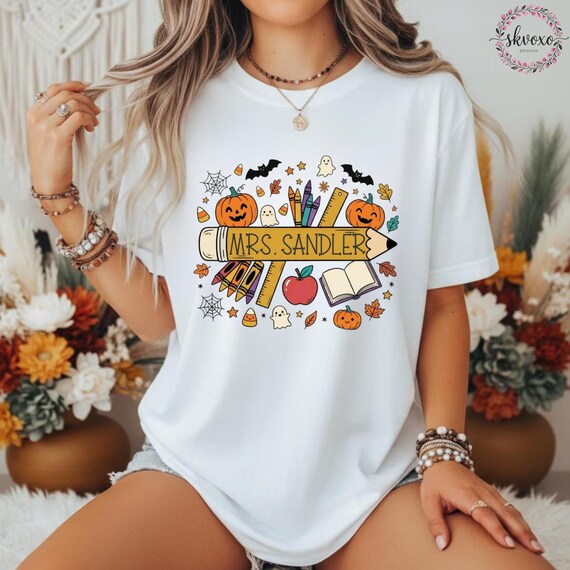 Customized Teacher Shirt, Back to School Shirt, Cute Halloween Shirt, Personalized Name Teacher Shirt, Pencil Teacher Shirt, Teacher Gift