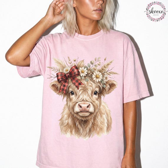 Comfort Colors® Highland Cow With Bow Flowers Tshirt, Cute Floral Cow Shirt, Cow Lover Gift, Graphic Floral Cow Tee, Highland Cow Shirt