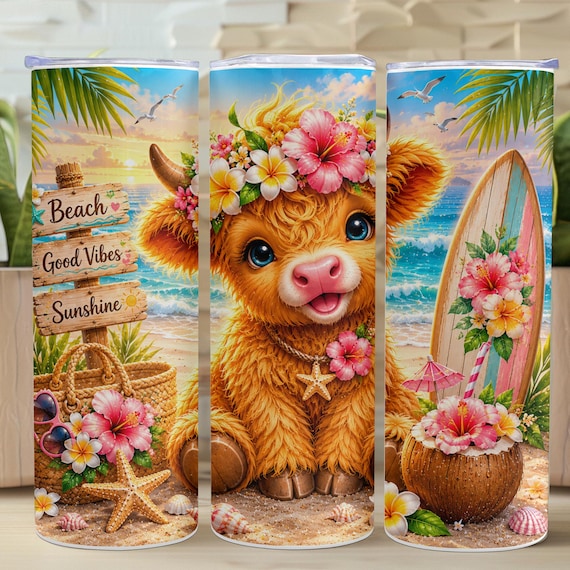 Beach Highlands Cow Tumbler 20 oz Skinny Tumbler Sublimation Design, Cute Cow Summer Time PNG Instant Download  Tumbler Wrap