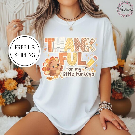 Comfort Colors® Thankful Teacher Shirt | Fall Turkey Teacher T-shirt | Thanksgiving Teacher Tee | Cute Turkey Mom T-shirt