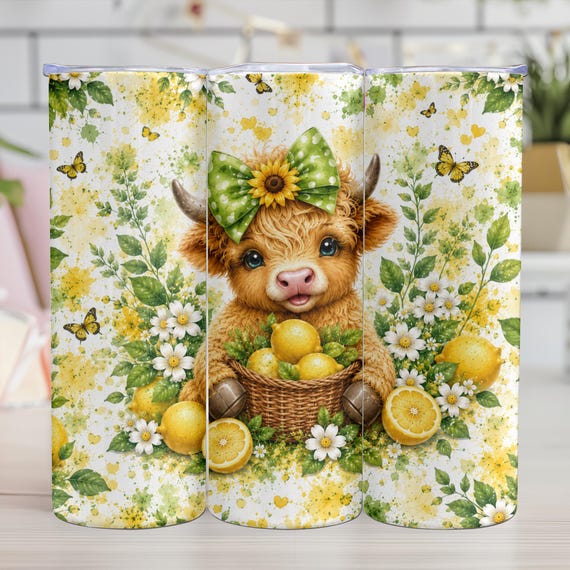 Lemons Highlands Cow Tumbler 20 oz Skinny Tumbler Sublimation Design, Cute Cow Summer Fruit PNG Instant Download Seamless Tumbler Wrap