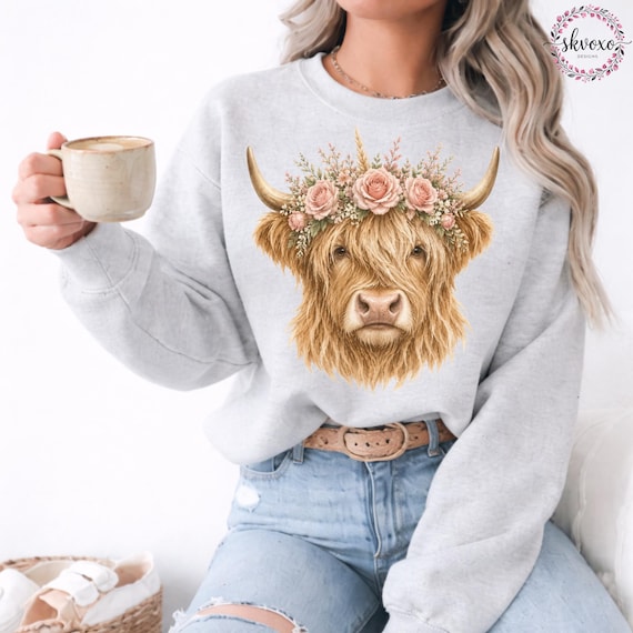 Comfort Colors® Highland Cow With Flower Crown Sweatshirt, Cute Floral Cow Sweatshirt, Cow Lover Gift, Highland Cow Shirt