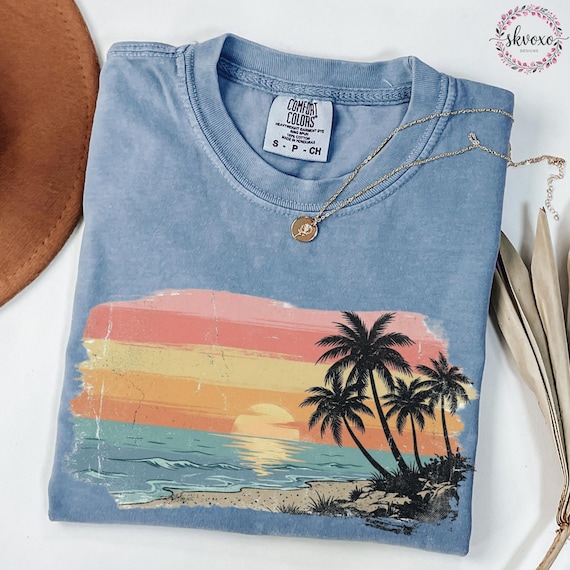 Comfort Colors® Sunset Beach Shirt, Palm Tree Shirt, Coastal Shirt, Summer Vacation Shirt, Tropical Ocean Graphic Shirt, Unisex Beach Shirt