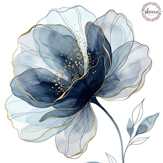 11 Abstract Navy Flowers Clipart 1 | Flowers Print | Printable Watercolor Clipart | High Quality PNGs | Paper craft | Digital Download