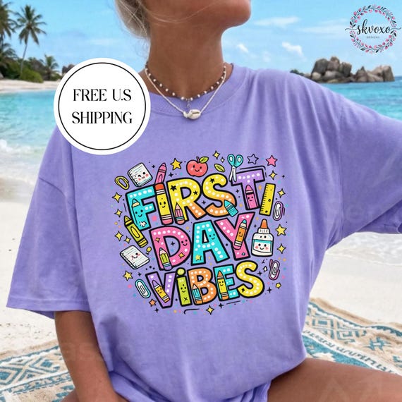 First Day Vibes Teacher T-shirt | Back to School Cute Doodle Graphic Shirt
