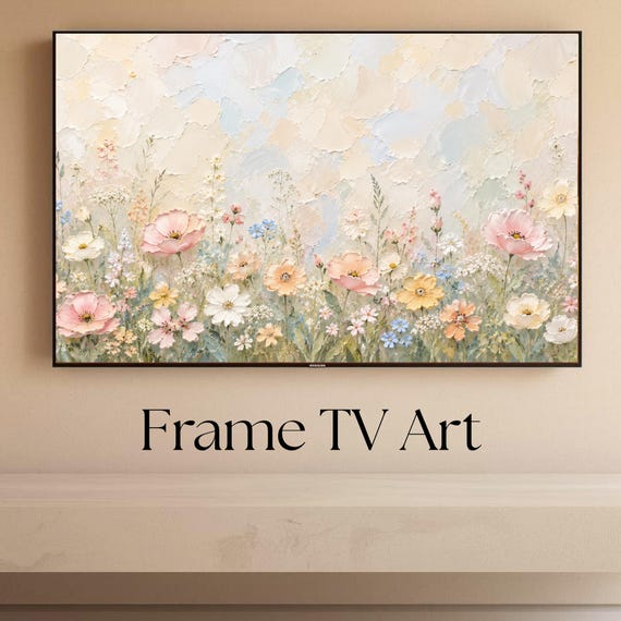 Abstract Samsung Frame TV Art, Spring Oil Painting, Textured Spring Wildflowers Painting, Digital Download TV Frame