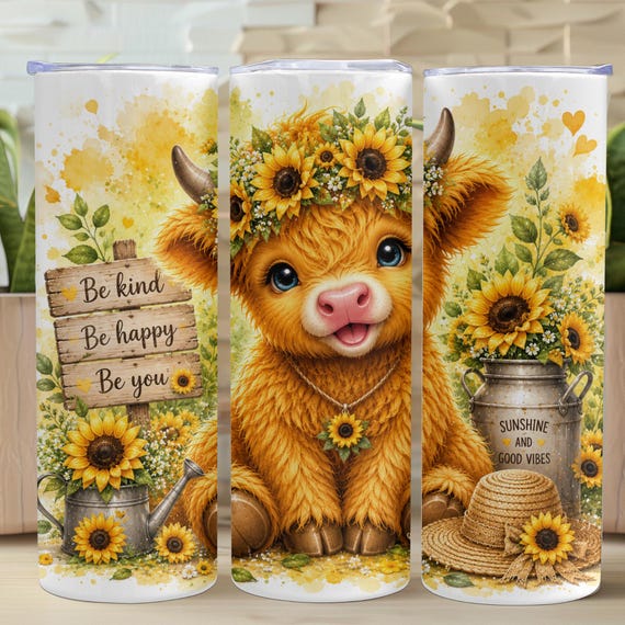 Sunflower Highlands Cow Tumbler 20 oz Skinny Tumbler Sublimation Design, Cute Cow Summer Time PNG Instant Download  Tumbler Wrap