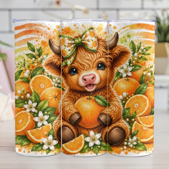 Highlands Cow Tumbler 20 oz Skinny Tumbler Sublimation Design, Cute Cow Summer Fruit PNG Instant Download Tumbler Wrap