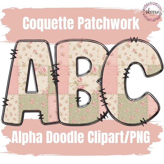 Coquette Patchwork Doodle Alphabet PNG | Retro Gingham & Floral Sublimation Design Set | Printable Monogram Clipart | Instant Download