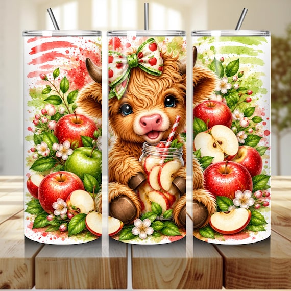 Highlands Cow Tumbler 20 oz Skinny Tumbler Sublimation Design, Cute Cow Summer Fruit PNG Instant Download Tumbler Wrap