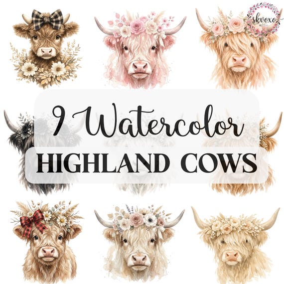 9 Watercolor Highland Cows PNG | Cow Lover PNG | Trendy Png | Coquette Cow Png | Cute Highland Calf Design | Cute Cow Design