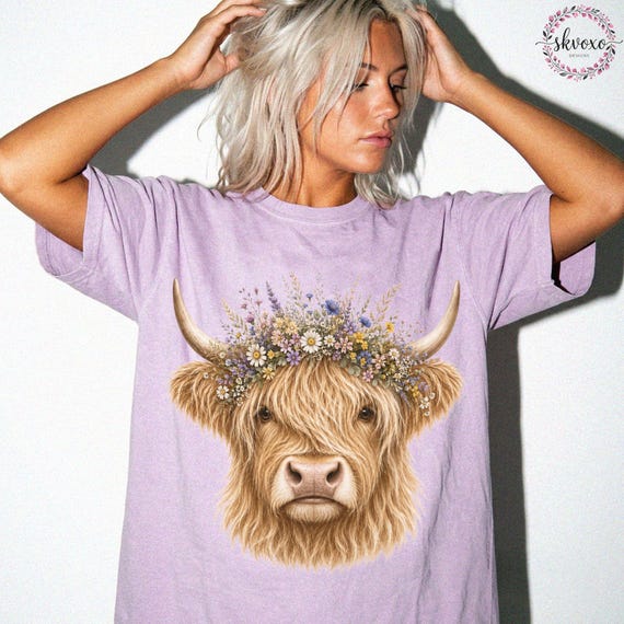 Comfort Colors® Highland Cow With Flowers Crown T-Shirt, Cute Floral Cow Shirt, Cow Lover Gift, Graphic Floral Cow Tee, Highland Cow Shirt
