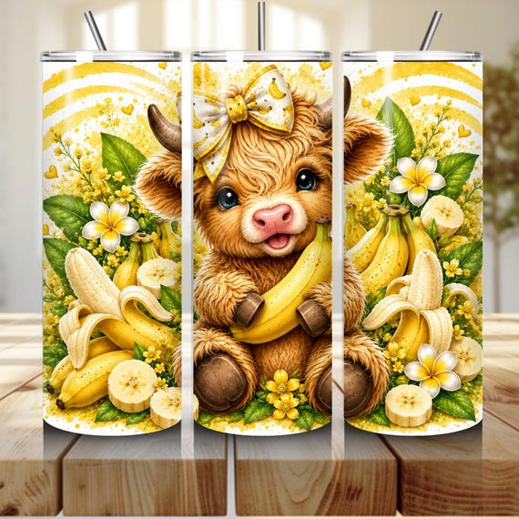 Highlands Cow Tumbler 20 oz Skinny Tumbler Sublimation Design, Cute Cow Summer Fruit PNG Instant Download Tumbler Wrap