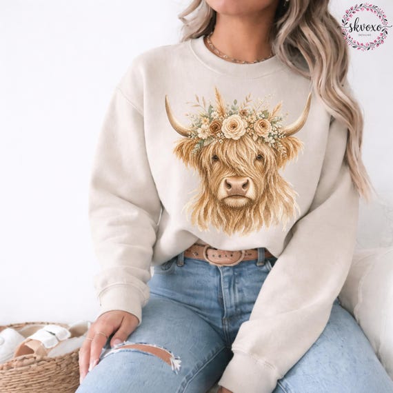 Highland Cow Sweatshirt, Cow Lover Gift, Highland Cow with Floral Crown, Cute Highland Cow Sweater