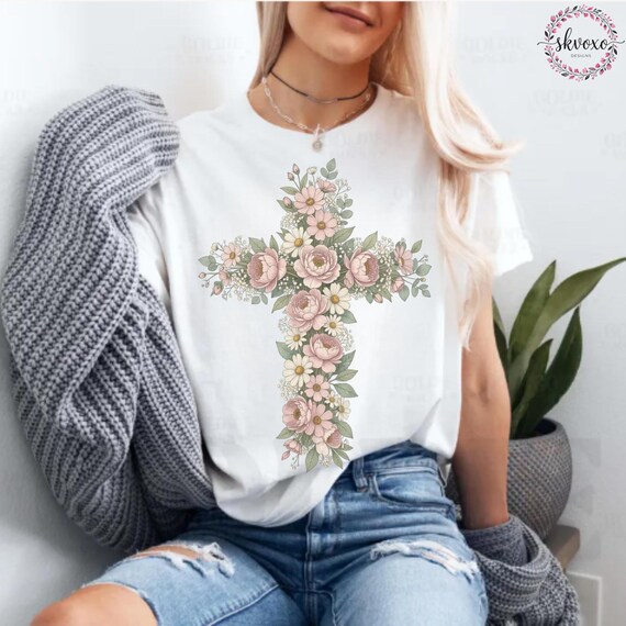 Floral Cross T-Shirt | Rose Bouquet Christian Cross, Vintage Flower Design