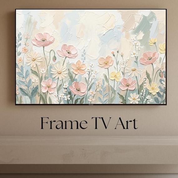 Abstract Samsung Frame TV Art, Spring Oil Painting, Textured Spring Wildflowers PaintinG, Digital Download TV Frame
