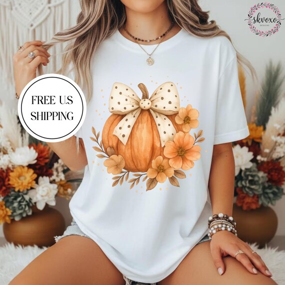 Comfort Colors® Polka Dot Bow Pumpkin T-shirt | Floral Fall Pumpkin Tee