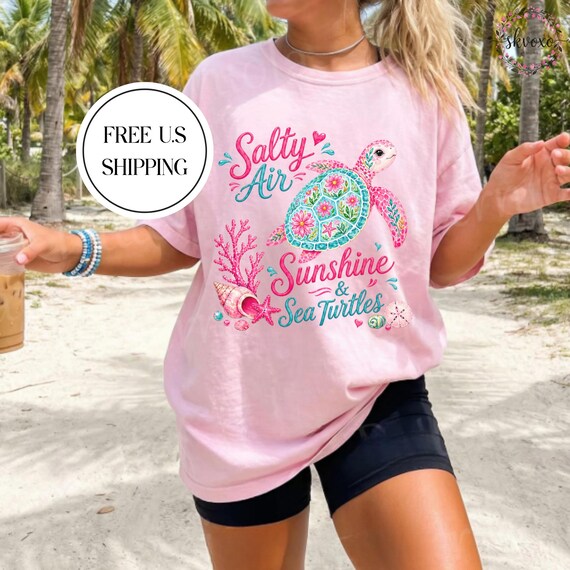 Comfort Colors® Salty Air Sea Turtle Sunshine T-shirt | Floral Turtle Beach Design