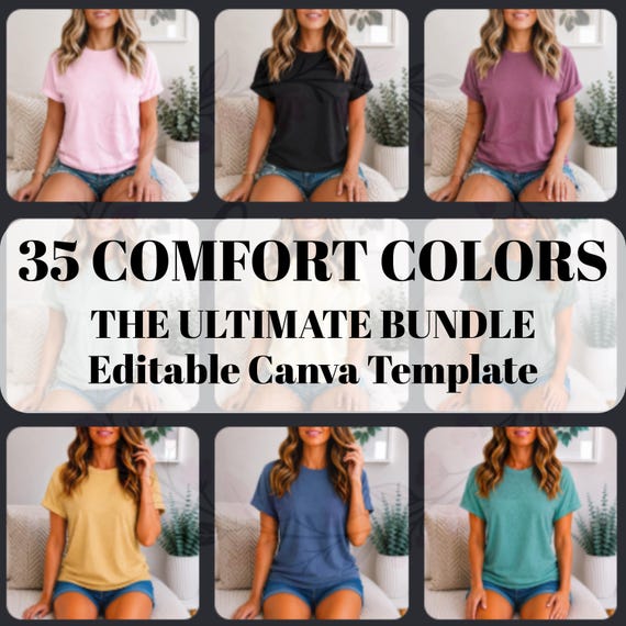 Comfort Colors 1717 Mockup Bundle | 35 Colors T-Shirt Mockups | Canva Editable | POD Mockup Pack