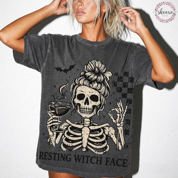 Resting Witch Face Skeleton Witch T-Shirt | Halloween Witch Skull Tee